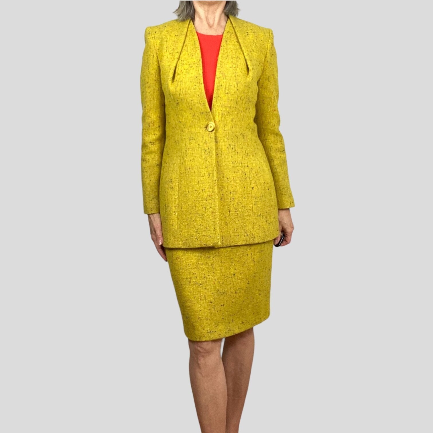 HOLD -Vintage Yellow Suit, Bruce Oldfield Wool Suit, Tweed Suit, PC Skirt  Set