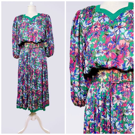 Vintage Diane Freis Dress, Green Floral Dress, Ho… - image 1