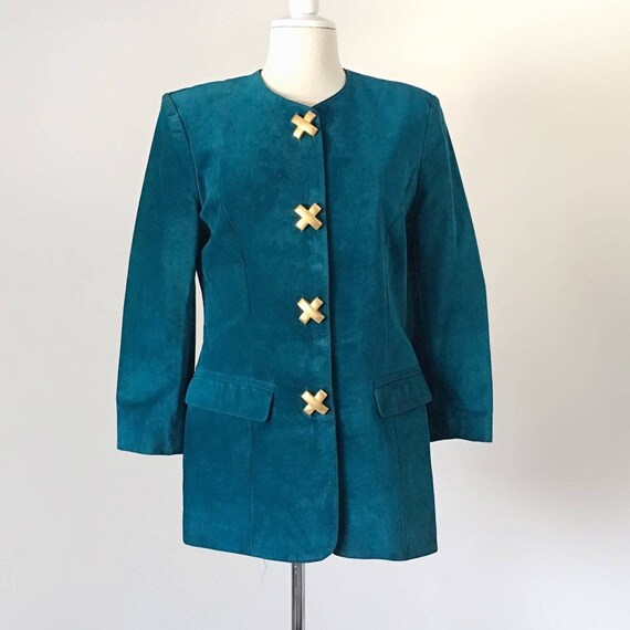 Vintage Suede Blazer, 80s Teal Blazer, Gold Statem