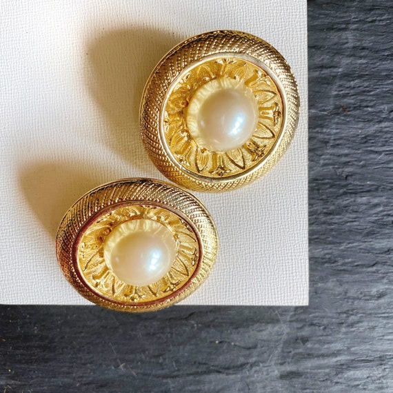 80s Large Round Earrings, Pearl Statement Earrings
