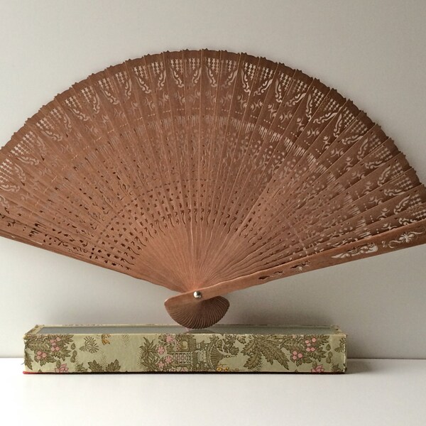 Vintage Wooden Fan in Original Box - 1950's Portable Compact Folding Fan - Ladies Fan - Intricate Design with Pink Tassel