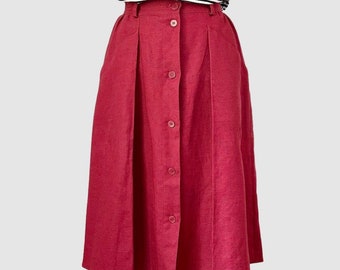 Vintage Linen Skirt, Red A-line Skirt, Made in Italy, Size Small