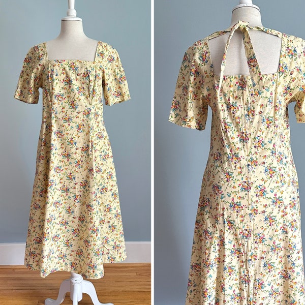 Vintage Floral Sundress, Cotton Dress, Floral Print Dress, Tie Neck Dress