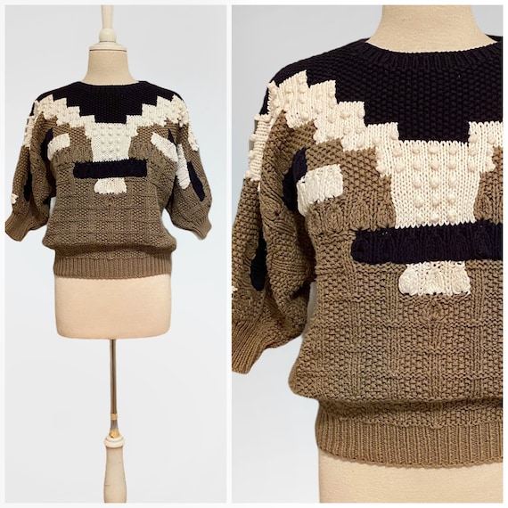 80s Chunky Sweater, Popcorn Knit, Cotton Color Blo