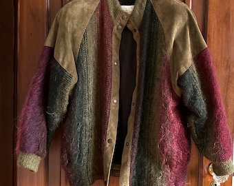 Mohair Suede Jacket, Patchwork Bomber Jacket, Vintage Striped Jacket