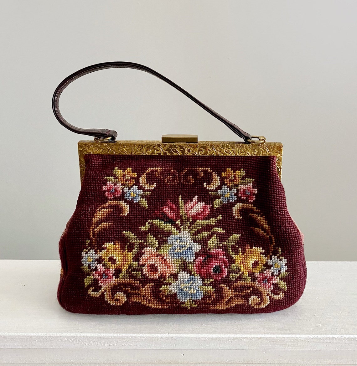 Vintage Needlepoint Purse Needlepoint Floral Top Handle Bag | Etsy