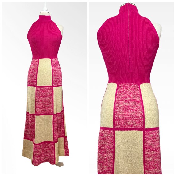 70s Patchwork Maxi Dress, Long Knit Dress, Hand Lo