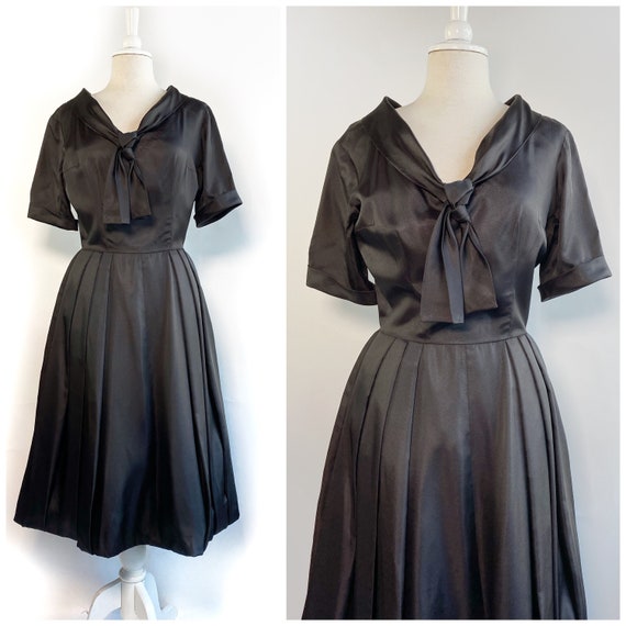 Vintage 50s Dress, Black Taffeta Dress, 50s Full S