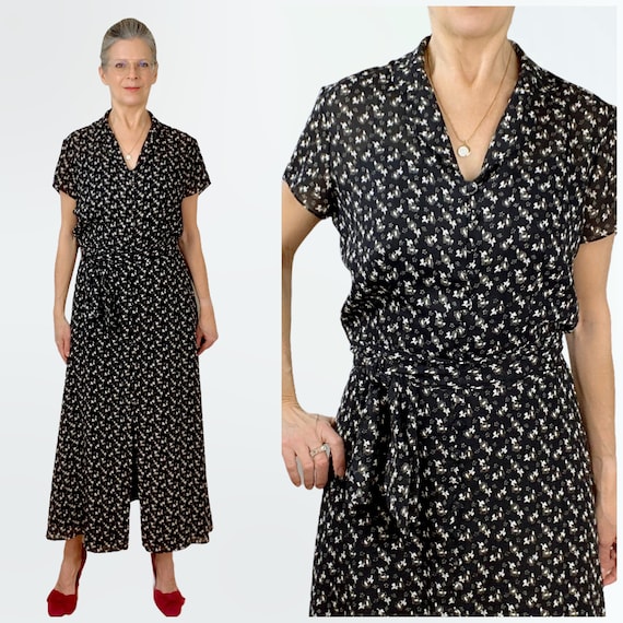 80s Flowy Maxi Dress, Floral Ditsy Print Dress