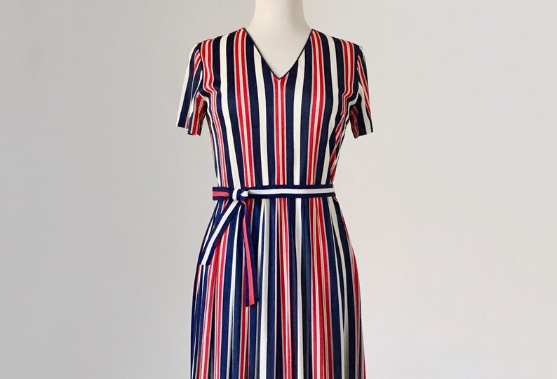 red and blue striped dress