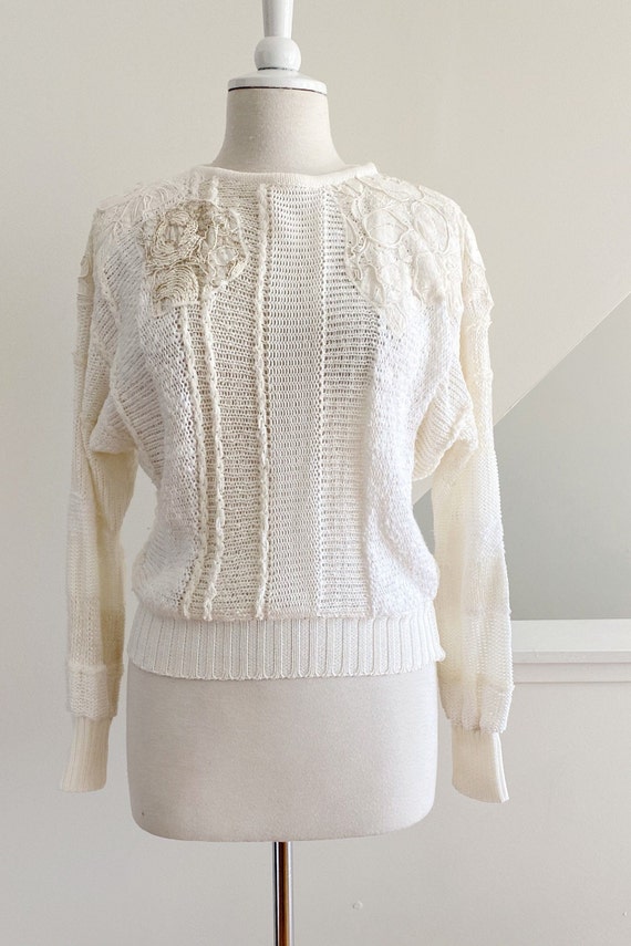 Pointelle sweater with crochet appliques see through sweater women Large