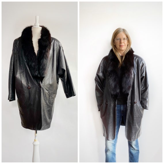 80s Black Leather Coat, Fur Collar, Oversized Leat