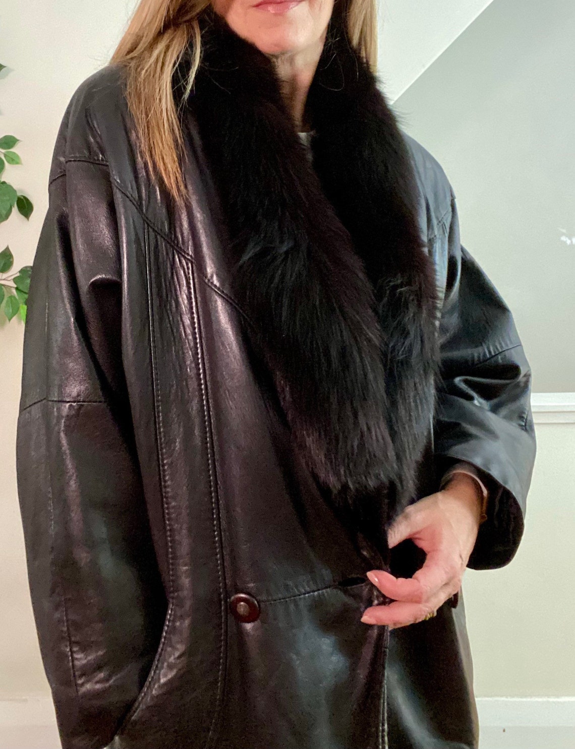 Black Leather Coat Fur Collar Coat Oversized Leather Jacket Etsy