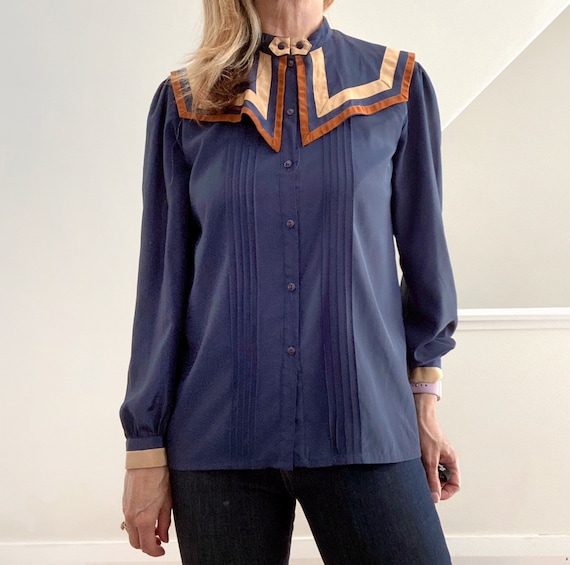 Big Collar Blouse, Blue Silky Statement Shirt