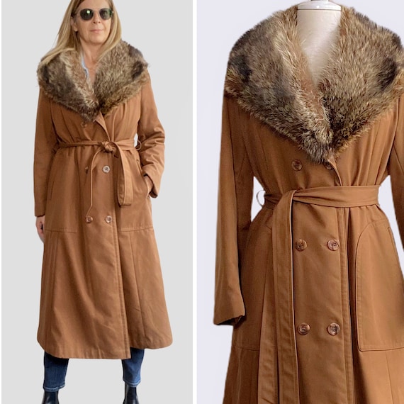 70s Raincoat Coat, Coat with Fur Trim, Winter Coat