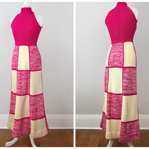 70s Patchwork Dress, Long Knit Dress