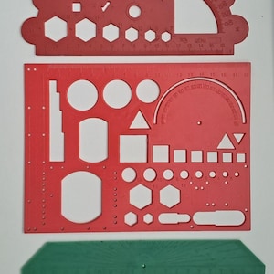 May include: Two red plastic drafting templates and one green plastic protractor. The top template features various circles, hexagons, and a 180-degree scale. The rectangular template includes squares, triangles, circles, and a 180-degree protractor scale.