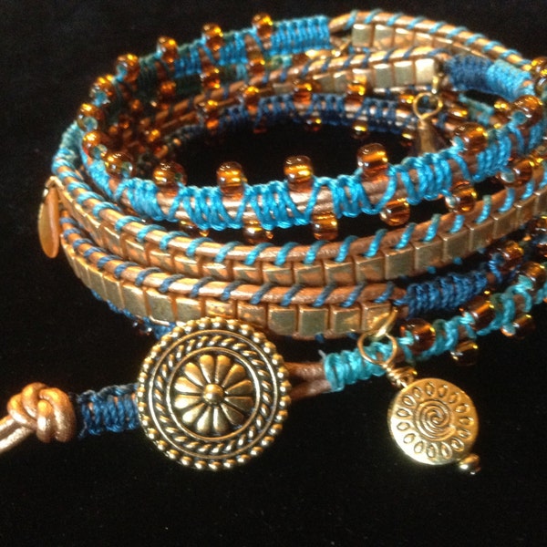 Unique and trendy four-wrap macramé bracelet in three shades of blue