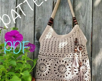 Crochet  bag pattern for women-Crochet  handbag pattern -Handmade boho purse tutorial-Summer tote-Lace Motifs-PDF pattern bag-Crochet  pdf
