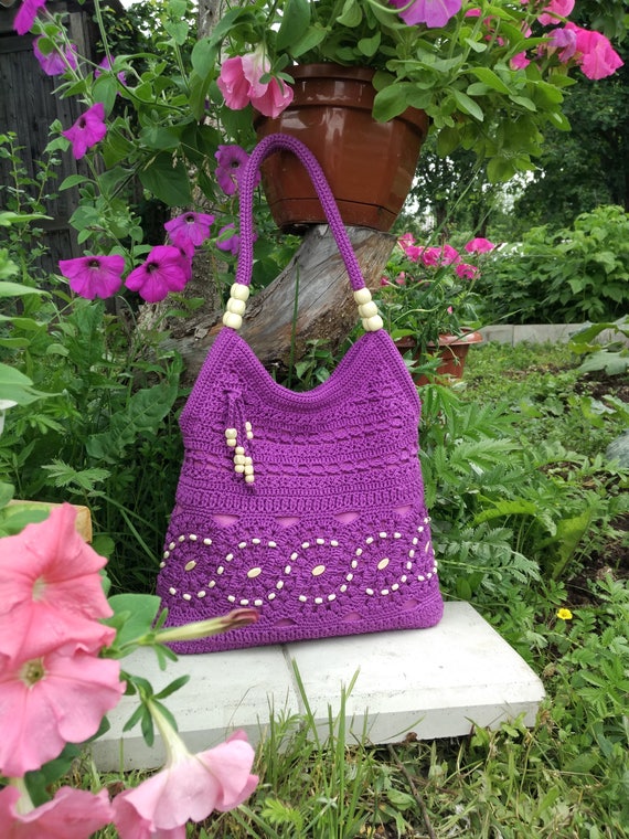 Purple handmade crochet handbag .Summer cotton boho crochet | Etsy