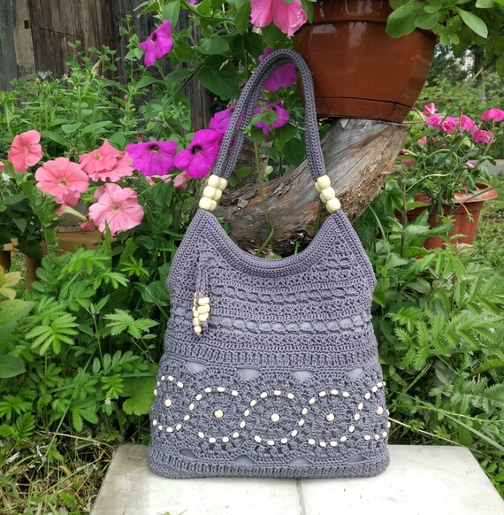 Gray Handmade Crochet Handbag .summer Cotton Boho Crochet | Etsy