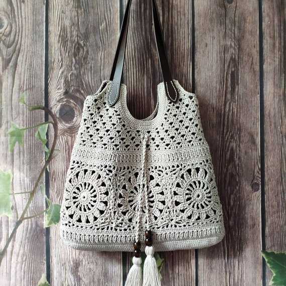 Ecru handmade crochet handbag .Summer cotton boho crochet | Etsy