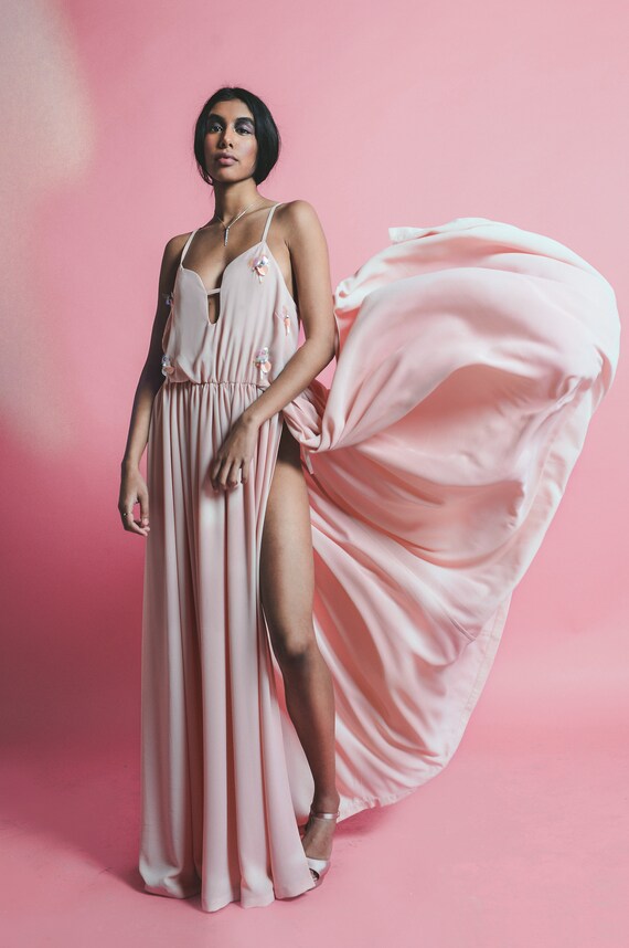 embellished blush maxi dress