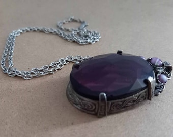 vintage Grand Miracle Pendant Necklace- Facet Cut Amethyst Glass Cairngorm-Scottish-Celtic Design