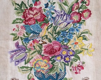 Antique Crewelwork Embroidery Picture- Crewelwork Linen-1800s-Bird-Flowers-Large Sampler-29&quot;