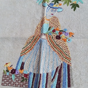 Vintage Embroidered Linen Cushion Cover-Crinoline Lady-1930s for Completion