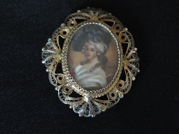 Antique French Brooch-Handpainted Miniature-Lady … - image 3