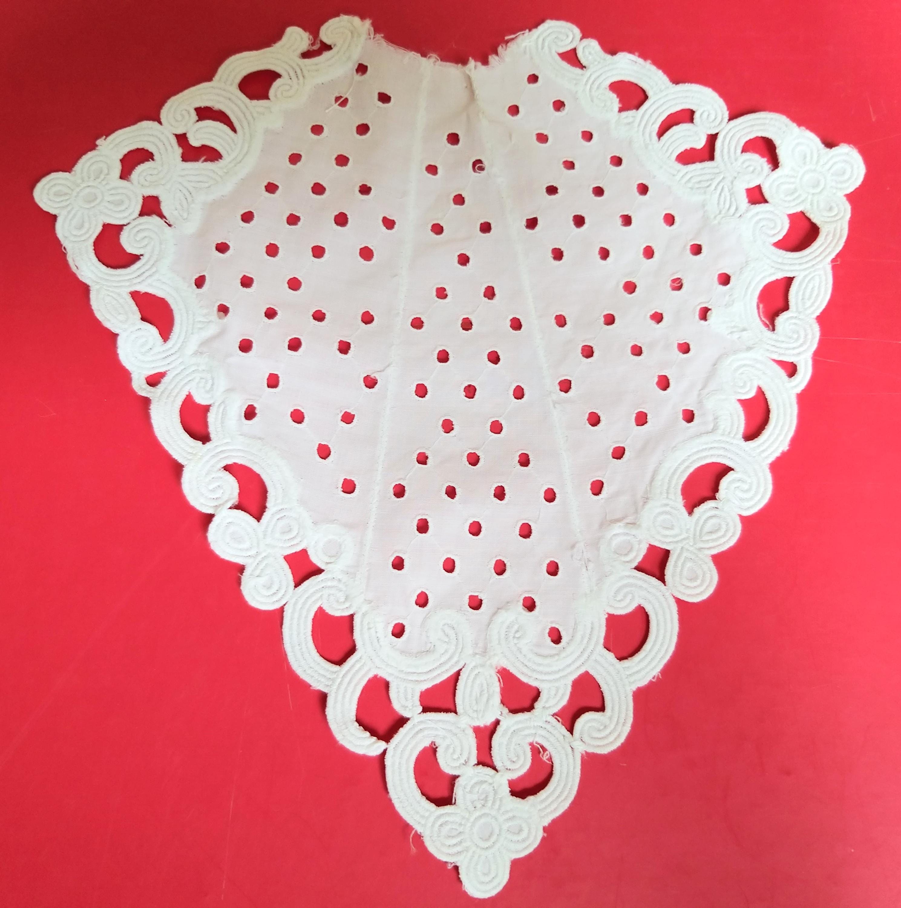 Col Jabot Ancien - Broderie Anglaise Sur Coton Blanc, Mercerie Vintage Neuf