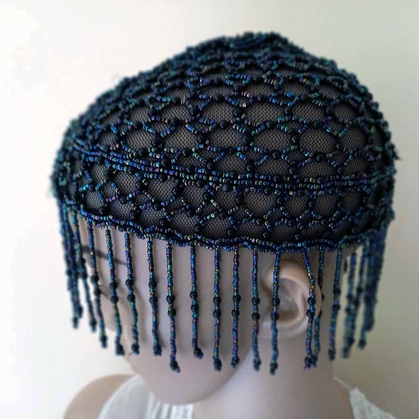 1920s Skull Cap-Beaded Headpiece-Aurora Borealis Beads-Fringed Cap-Original-Flapper Cap-Not Reproduction