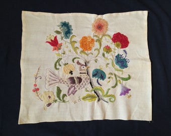 Antique Crewelwork Linen Panel-Bird-Flowers-Tree of Life-19th c