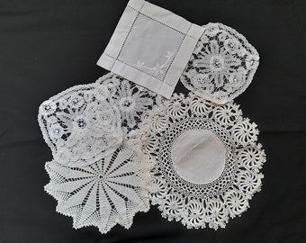 Antique Lace Doily Lot-Irish Lace-Embroidered Doily Bundle-Handmade Doilies Lot