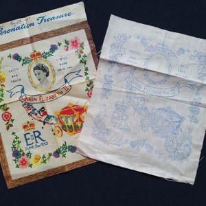 Peut inclure: Un kit de point de croix vintage avec un motif représentant le carrosse du couronnement de la reine Élisabeth II et le texte "Queen Elizabeth II" et "ER June 2nd 1953".