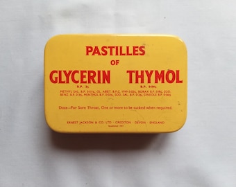 Vintage Chemist Tin-Pastilles of Glycerin Thymol-Earnest Jackson-Collectors Tins-Advertising Tin