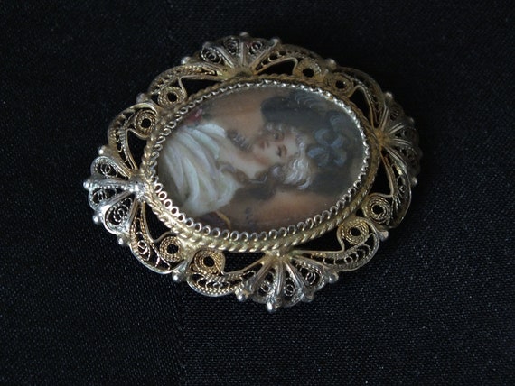 Antique French Brooch-Handpainted Miniature-Lady … - image 7