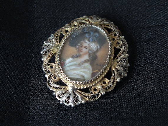 Antique French Brooch-Handpainted Miniature-Lady … - image 1