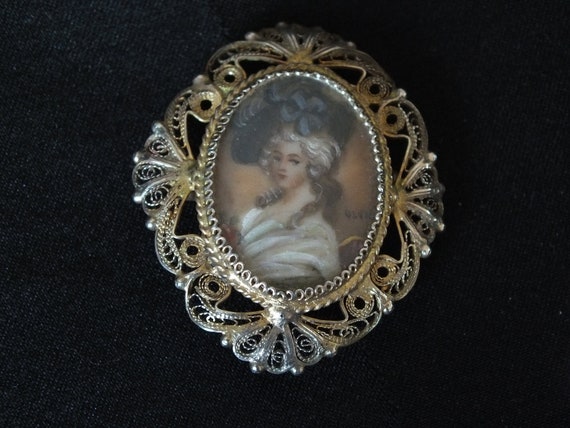 Antique French Brooch-Handpainted Miniature-Lady … - image 5