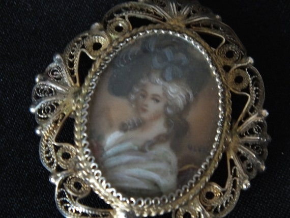 Antique French Brooch-Handpainted Miniature-Lady … - image 9