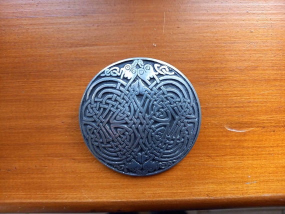 Vintage Celtic Knot Pewter-Pin-Brooch with Wolf Heads-Signed SJC-St Justin Company-1980s / 1990s