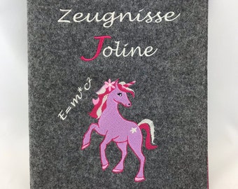 Certificate folder, horse, unicorn, folder felt with desired name