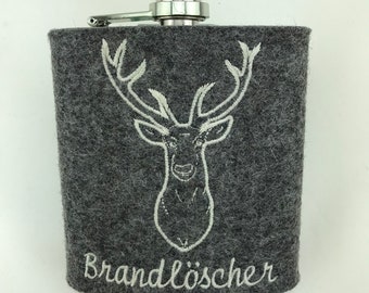 Flachmann fire extinguisher deer, embroidered, gift for men, with wool felt sleeve