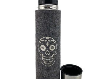Thermos flask skull Mexico embroidered with wool felt cover