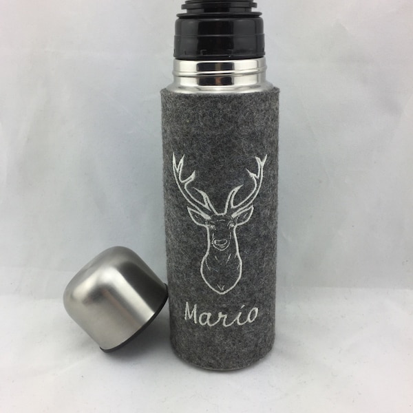 Thermos flask deer embroidered with wool felt cover, vacuum jug with desired name