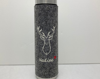 Thermos flask deer embroidered with wool felt cover, vacuum jug with desired name and heart