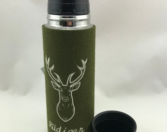 Thermos flask wool felt cover deer, vacuum flask embroidered, gift for brother sister hunter