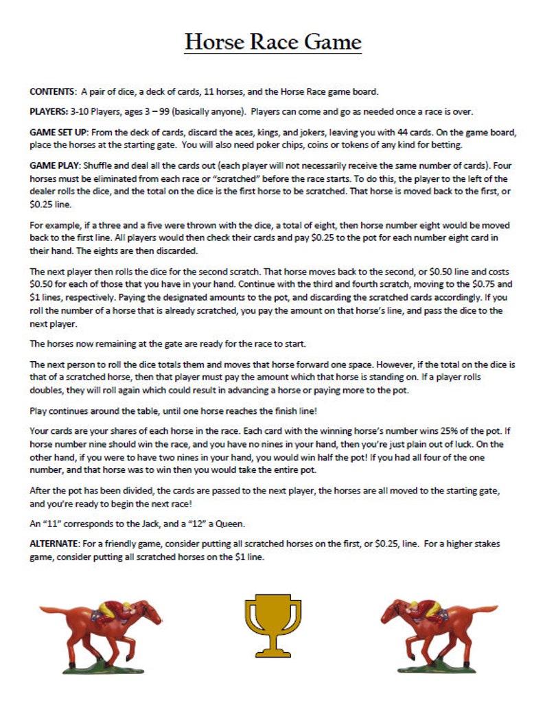 Horse Race Game Rules downloadable Etsy