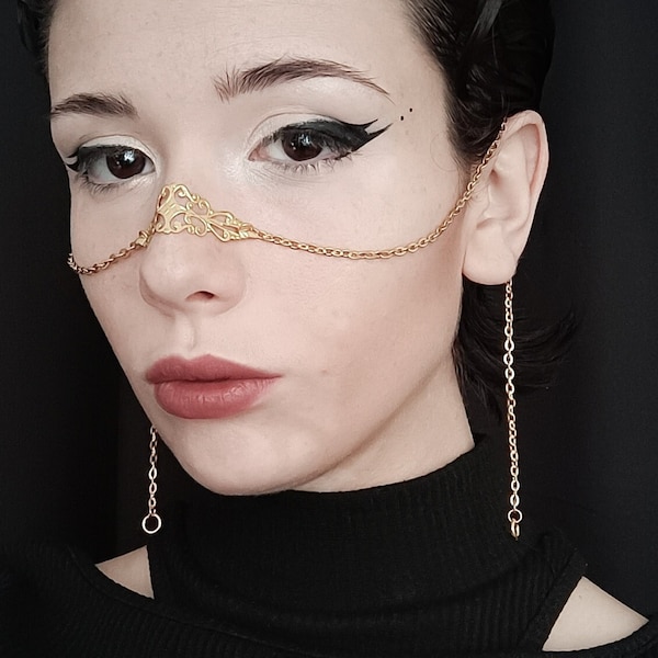 Nose Chain "AKASHA" Filigree Face Jewelry - Gothic Mask, Goth Valentines Gift, Gothic Wedding Jewelry